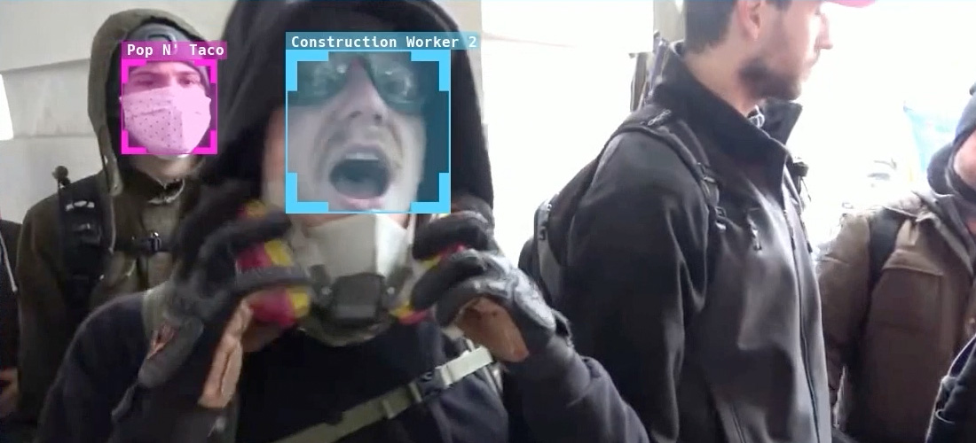 Protest footage with faces boxed and labeled with film character names